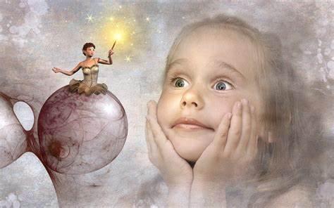 Une petite fille rêveuse face à une fée et sa baguette magique